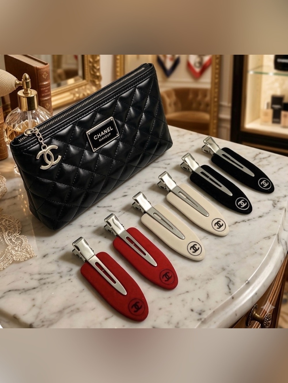 CHANEL Gift with Purchase Makeup Bag and 3 sets of Hair Clips Barrettes NEW